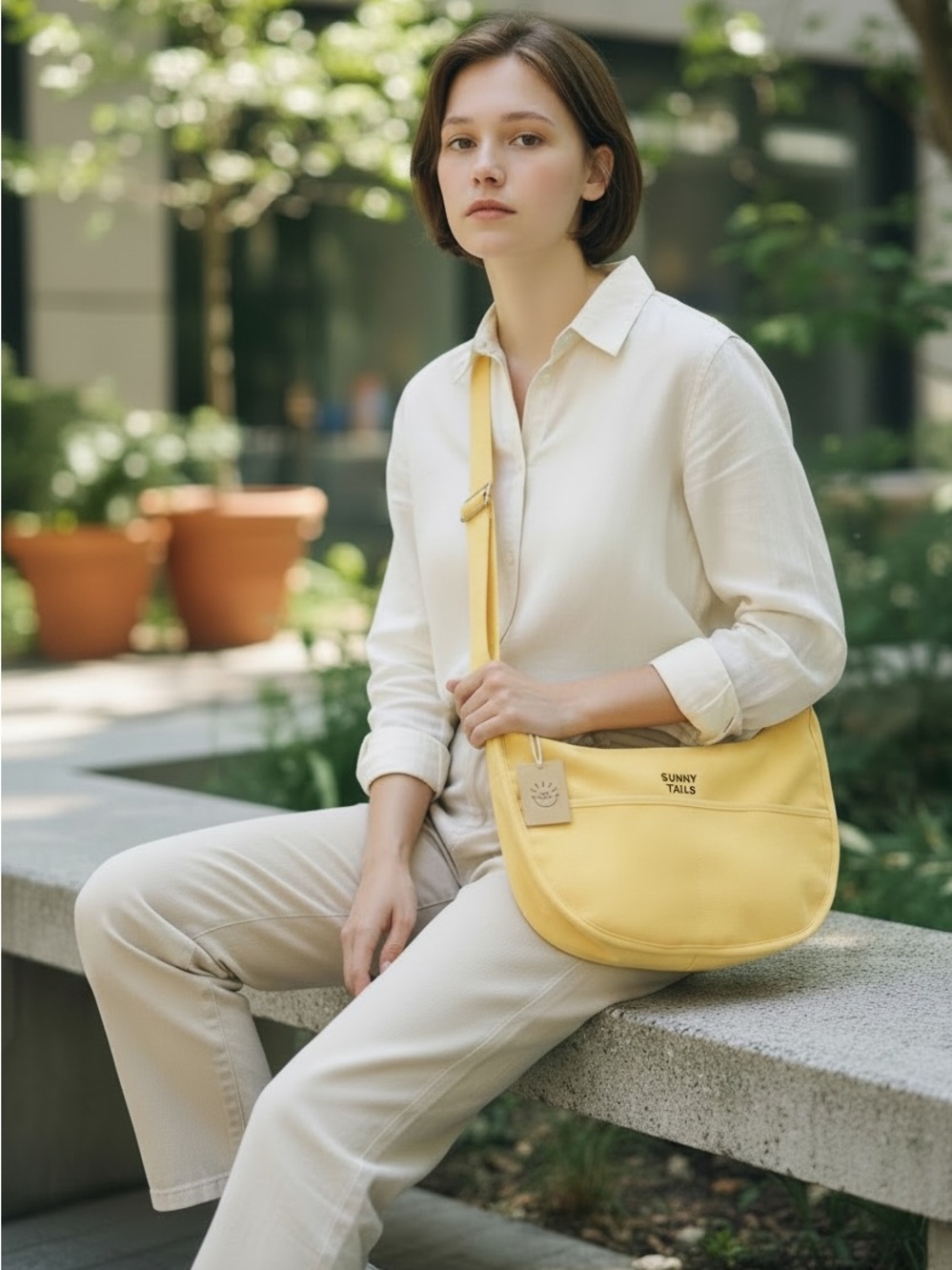 Sunny Tails Canvas Crossbody Bag Yellow Adjustable Strap Minimalist NEW - Picture 7 of 7